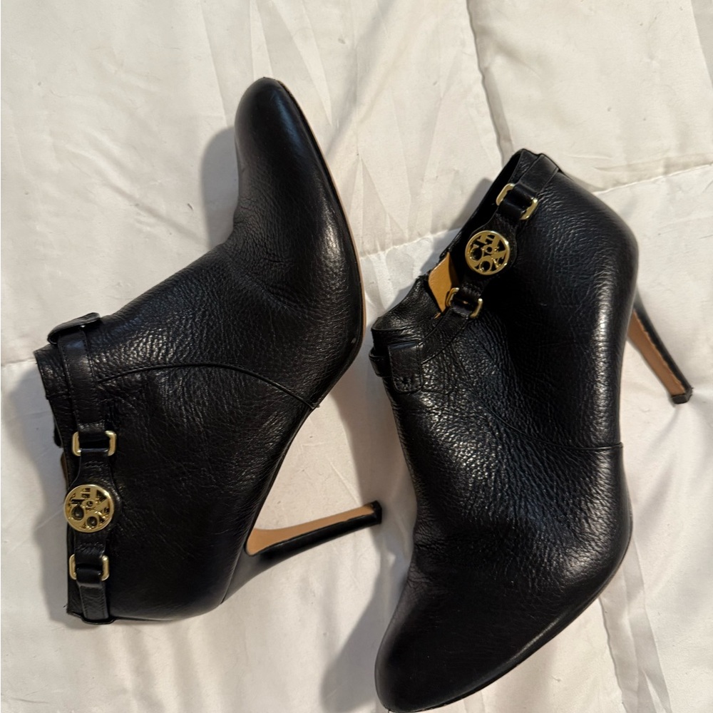 Coach Black Leather Ankle Booties with Gold Buckles
